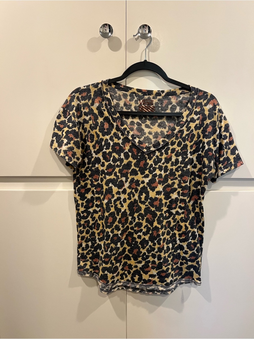 Vans Leopard Print V-Neck Tee in Beige, Black & Brown